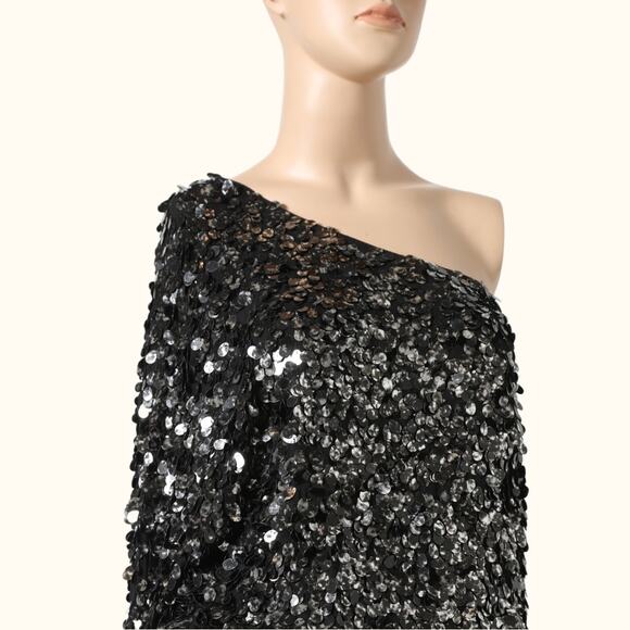 TIBI Black One Shoulder Silk Sequin Mini Dress - Picture 10 of 12